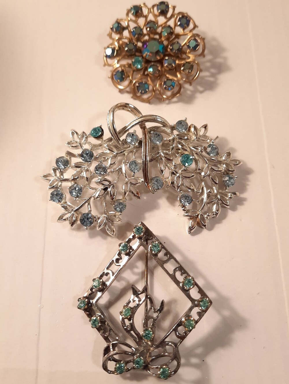 Vintage Silver-Tone Blue-green Rhinestone Brooch Trio